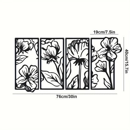 4-Piece Minimalist Floral Line Artwork - Chic Metal Wall Accents for Home Aesthetics - Versatile Decor for Kitchen & Bathroom